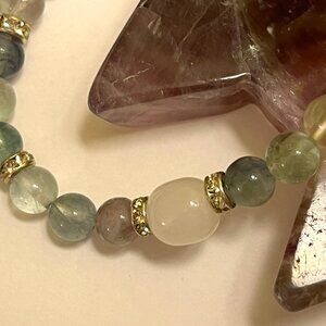 Rainbow Fluorite and White Agate Bracelet with cz Accent Beads